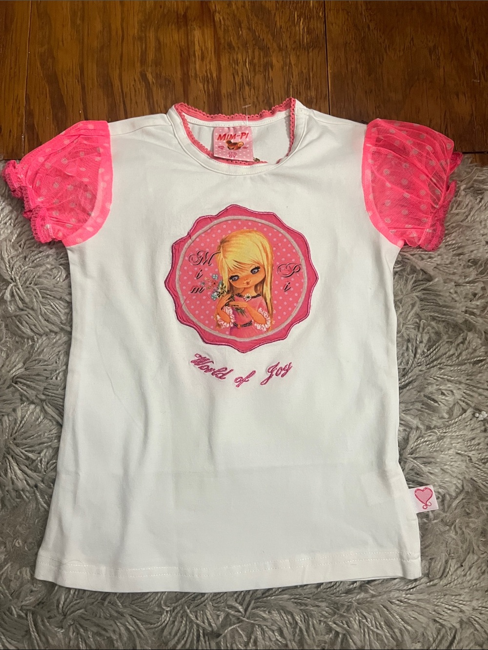 Mim-Pi NEW White Tee with Neon Pink Puff Sleeves and Girl Graphic
